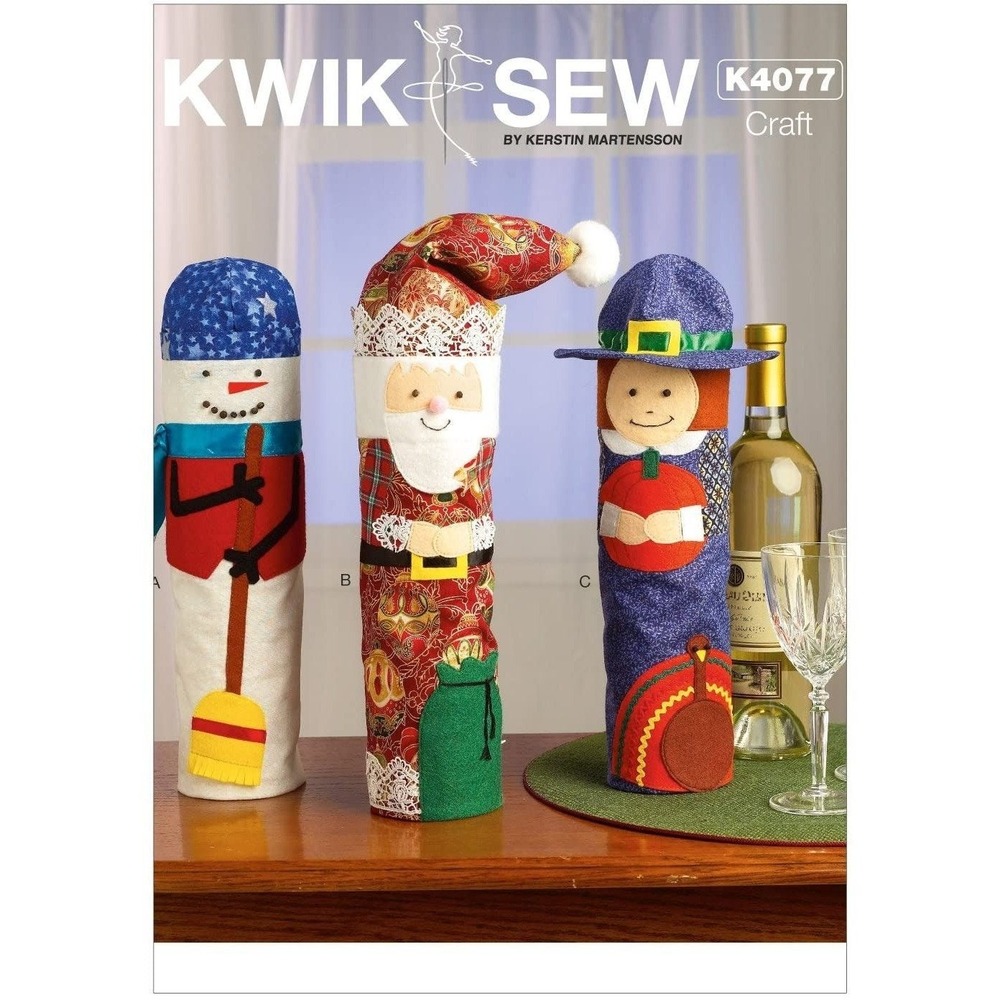Kwik Sew Sewing Pattern K4077 OS Holiday Bottle Covers Snowman Santa Pilgrim